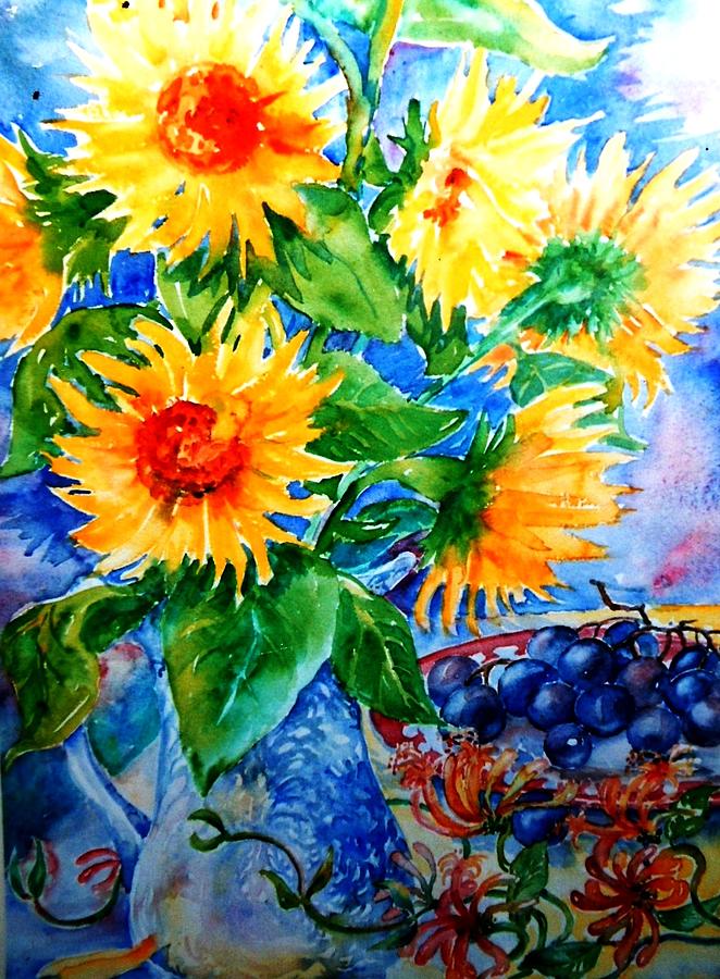 Sunflower and Honeysuckle  Painting by Trudi Doyle