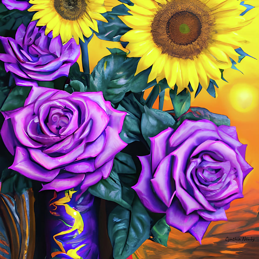 Sunflower and Roses v2 Digital Art by Cindys Creative Corner