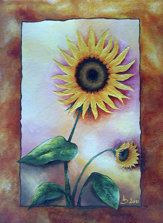 Single Golden Sunflower Painting in Brown and Orange Frame Painting by Aneta Soukalova