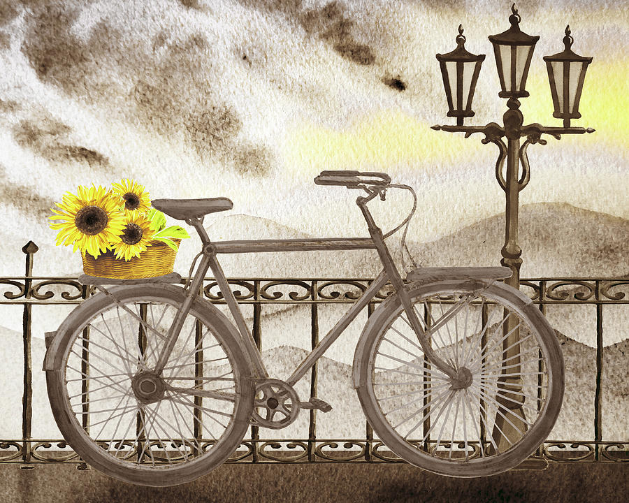 Mountain Painting - Sunflower Basket Vintage Ride Better By Bike Watercolor Bicycle  by Irina Sztukowski