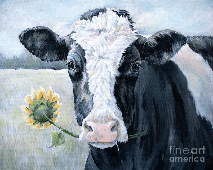 Sunflower - Cow Painting Painting by Annie Troe