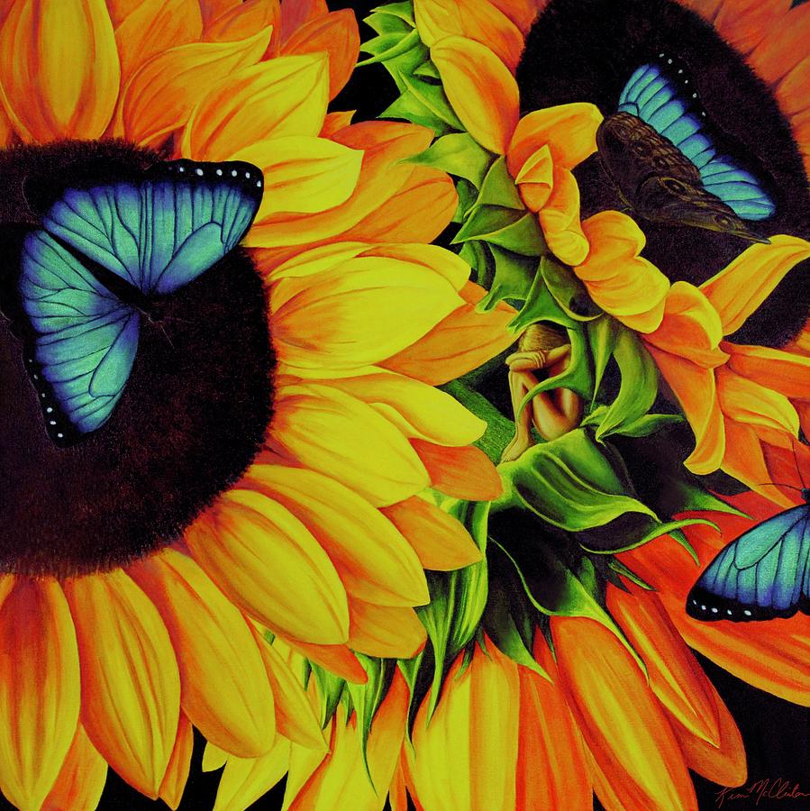 Blue Morpho Sunflower Dream Painting by Kim McClinton