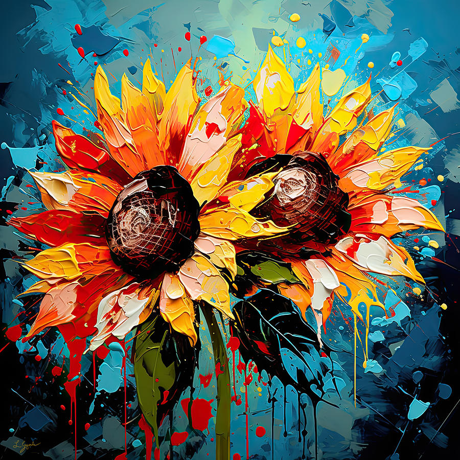 Sunflower Duet - Sunflowers Paintings Painting by Lourry Legarde