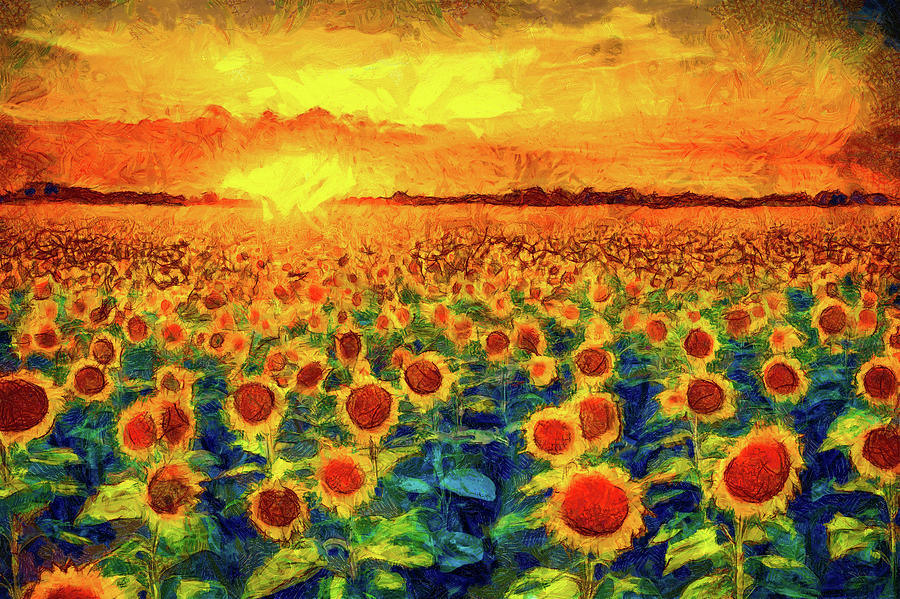Sunflower Field at Sunset 01 Painting by Matthias Hauser