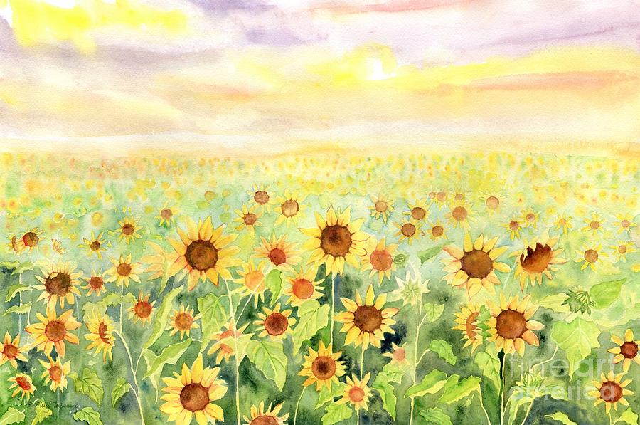 Sunflower Field Watercolor Painting by Melly Terpening