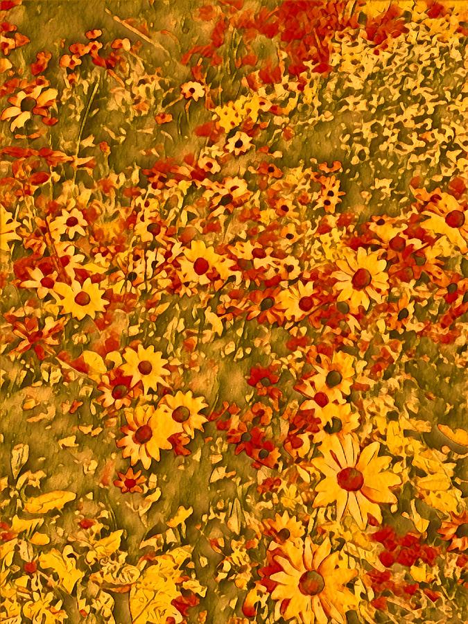 Sunflower Garden In Red And Orange Mixed Media