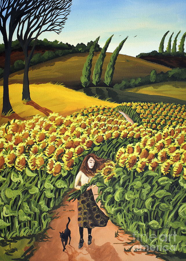 Sunflower Girl  tuscany italy field Painting by Debbie Criswell