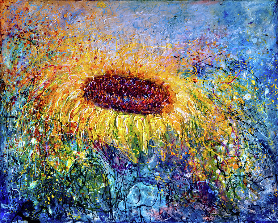 Sunflower in the Swirls of Sunshine Sunburst Swirls Painting by Lena Owens - OLena Art Vibrant Palette Knife and Graphic Design
