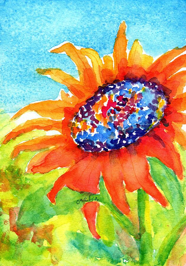 Sunflower Orange and Blue Painting by Carlin Blahnik CarlinArtWatercolor