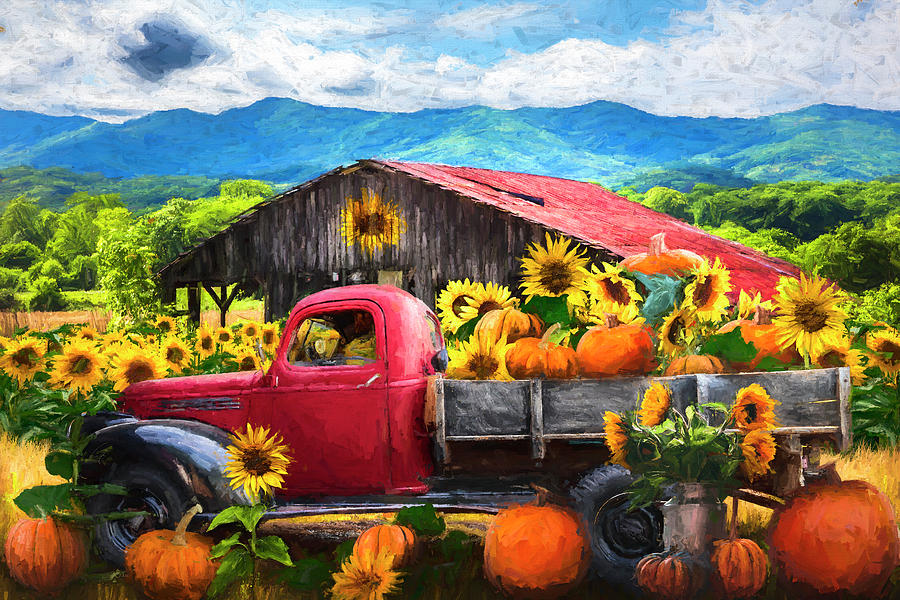 Sunflower Pumpkin Farm Truck Painting Photograph by Debra and Dave Vanderlaan