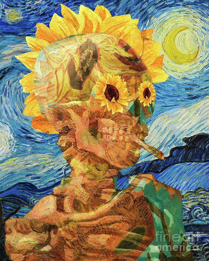 Sunflower Skeleton With Burning Cigarettes Starry Night Mixed Media by ...