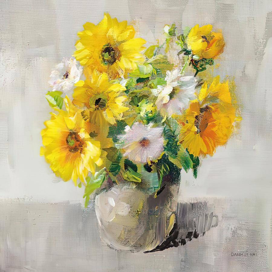 Sunflower Still Life I on Gray Drawing by DHBubble - Fine Art America