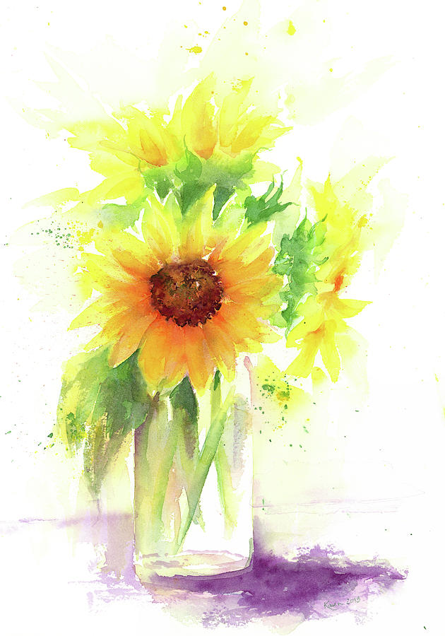 Sunflower stilllife with glass vase Painting by Karen Kaspar