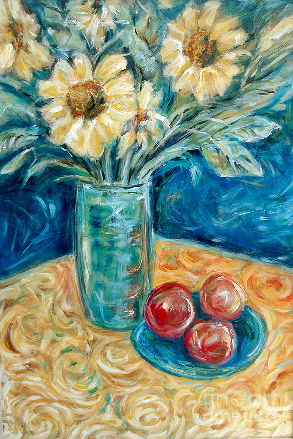 Sunflowers and Apples Painting by Linda Olsen