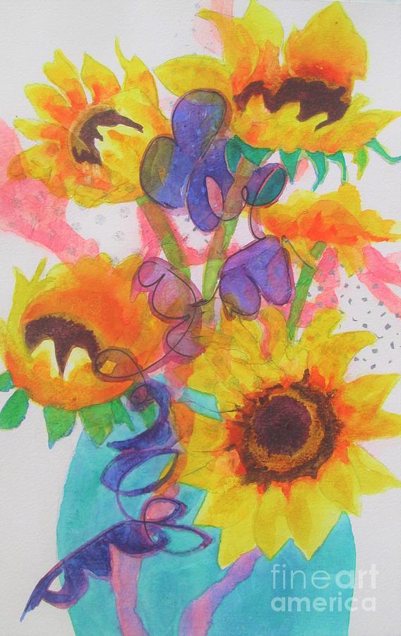 Sunflowers and Blue Bowl Painting by Kathy Braud