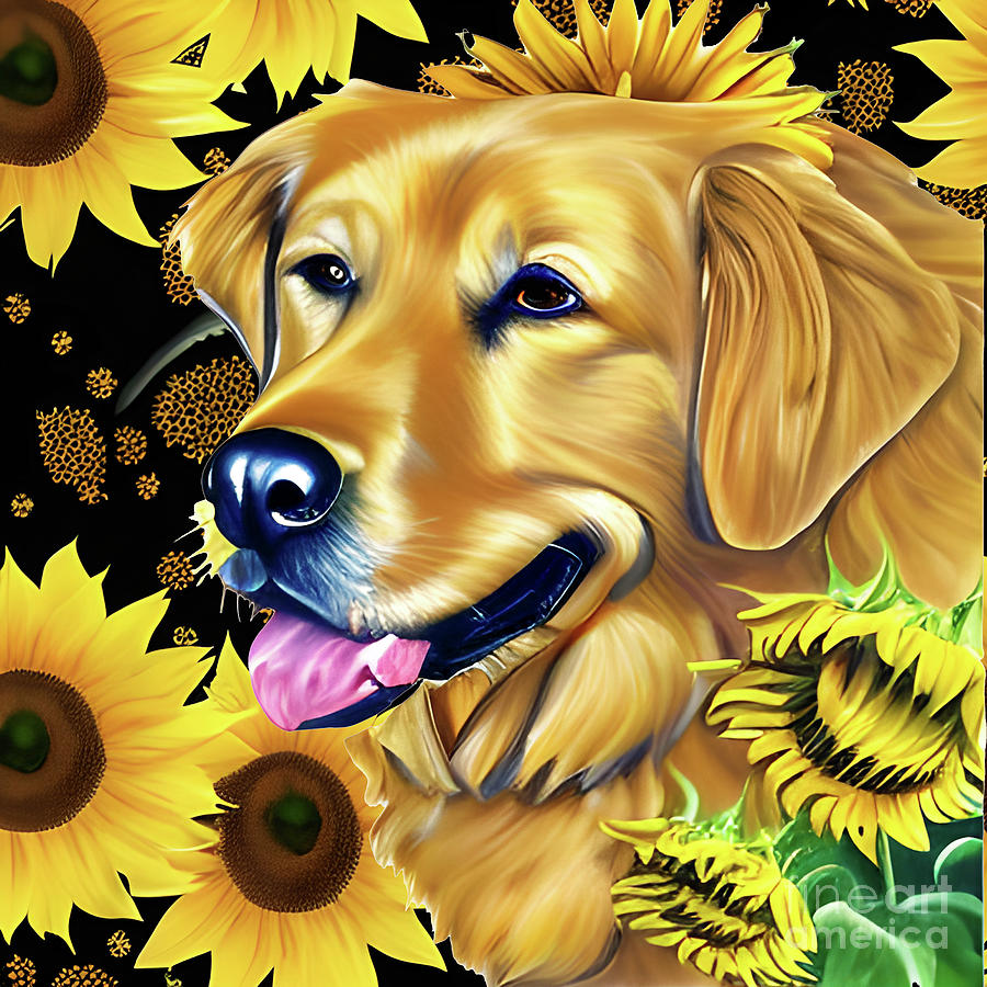 Sunflowers and Golden Retriever Digital Art by Debra Miller