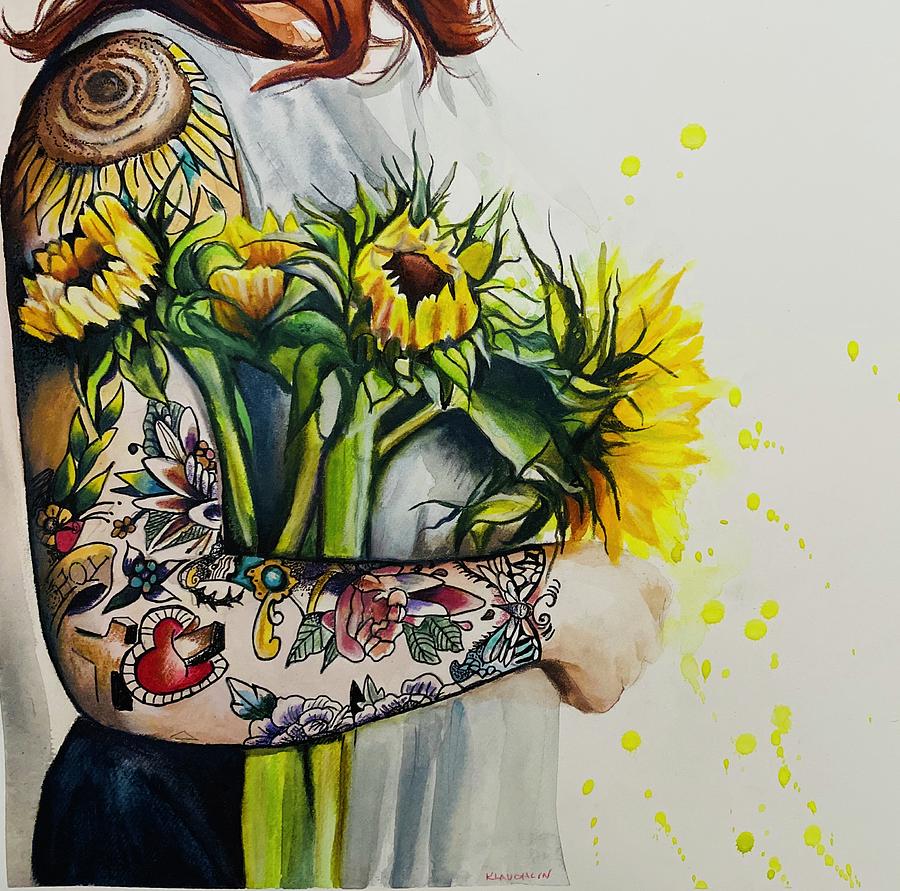 Sunflowers and Ink Painting by Kathy Laughlin
