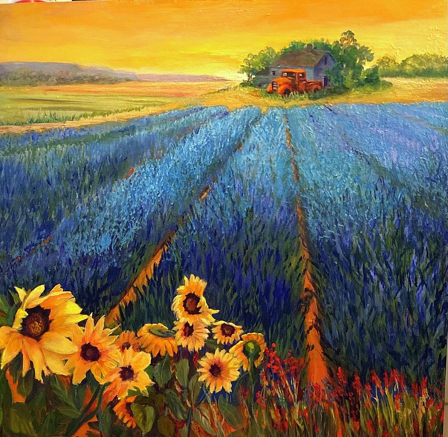 Sunflowers and Lavender  Mixed Media by Buff Holtman