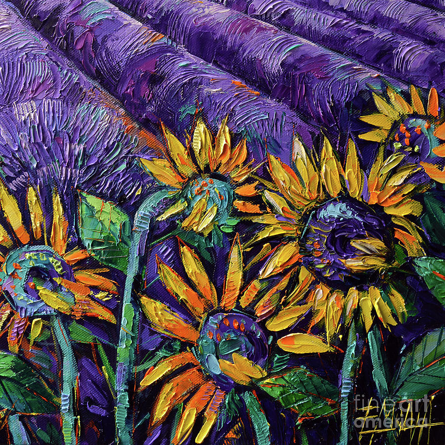 Sunflower Painting - SUNFLOWERS AND LAVENDER palette knife oil painting Mona Edulesco by Mona Edulesco