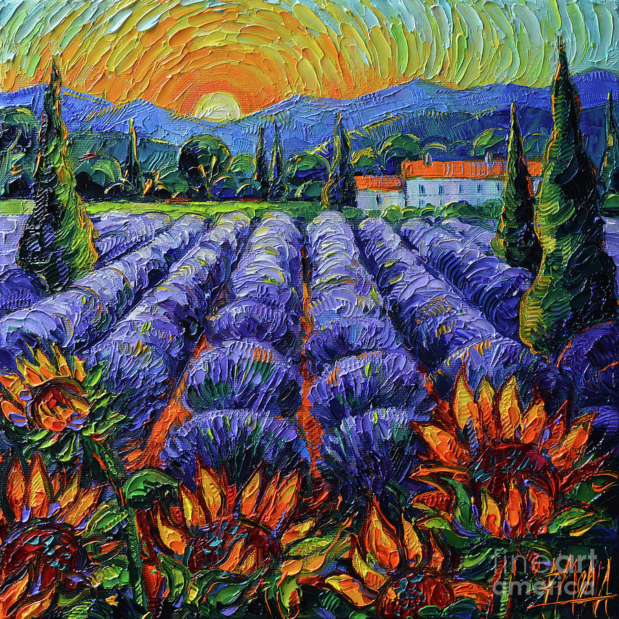 SUNFLOWERS AND LAVENDER - PROVENCE SUNSET textured knife oil painting ...