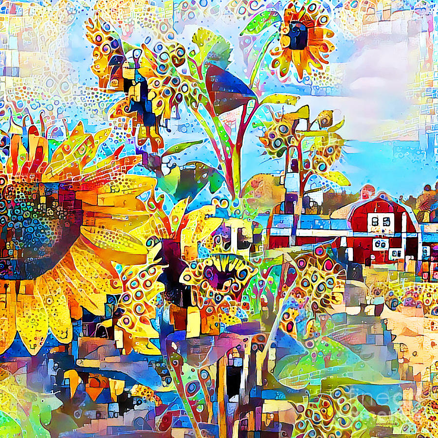 Sunflowers at Rural Countryside Barn in Contemporary Vibrant Color Motif 20200428 square Photograph by Wingsdomain Art and Photography