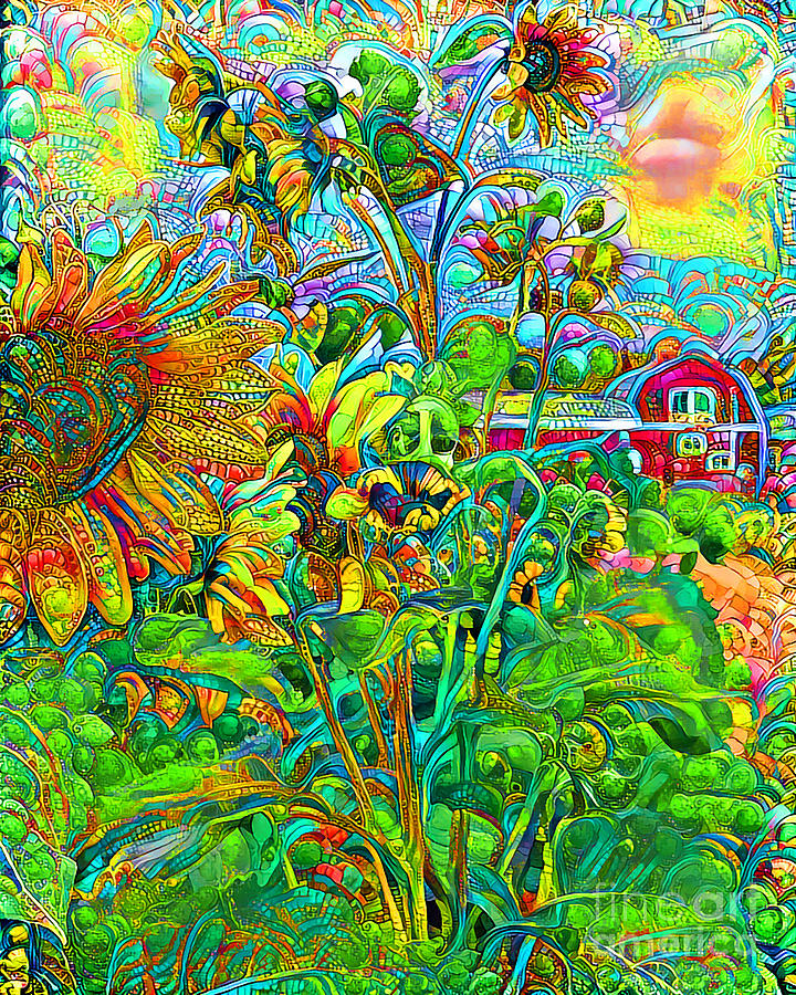 Sunflowers at Rural Countryside Barn in Contemporary Vibrant Color Motif 20200509 Photograph by Wingsdomain Art and Photography