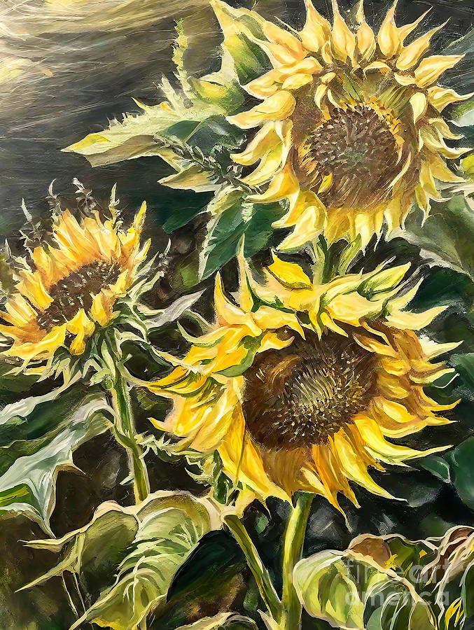 Nature Painting - Sunflowers at the Iowa Orchard Painting sunflowers landscape yel by N Akkash