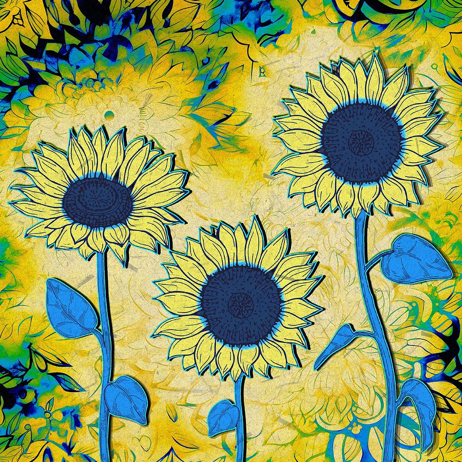 Sunflowers - Blue and Yellow Digital Art by Anastasiya Malakhova