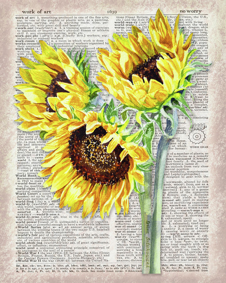 Sunflowers Dictionary Page Watercolor Art Painting