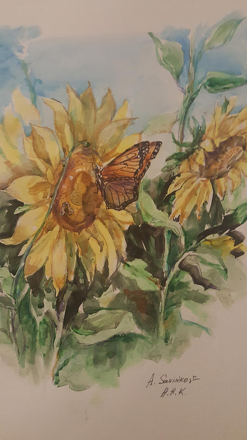 Butterfly Painting - Yellow Sunflowers  by Alla Savinkov