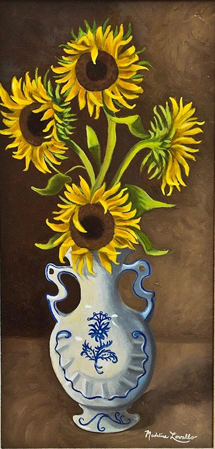 Sunflowers in a Blue and White Vase Painting by Madeline Lovallo