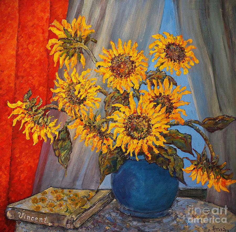 Sunflowers in a Blue Vase_ A Tribute to Vincent Van Gogh Painting by Amalia Suruceanu