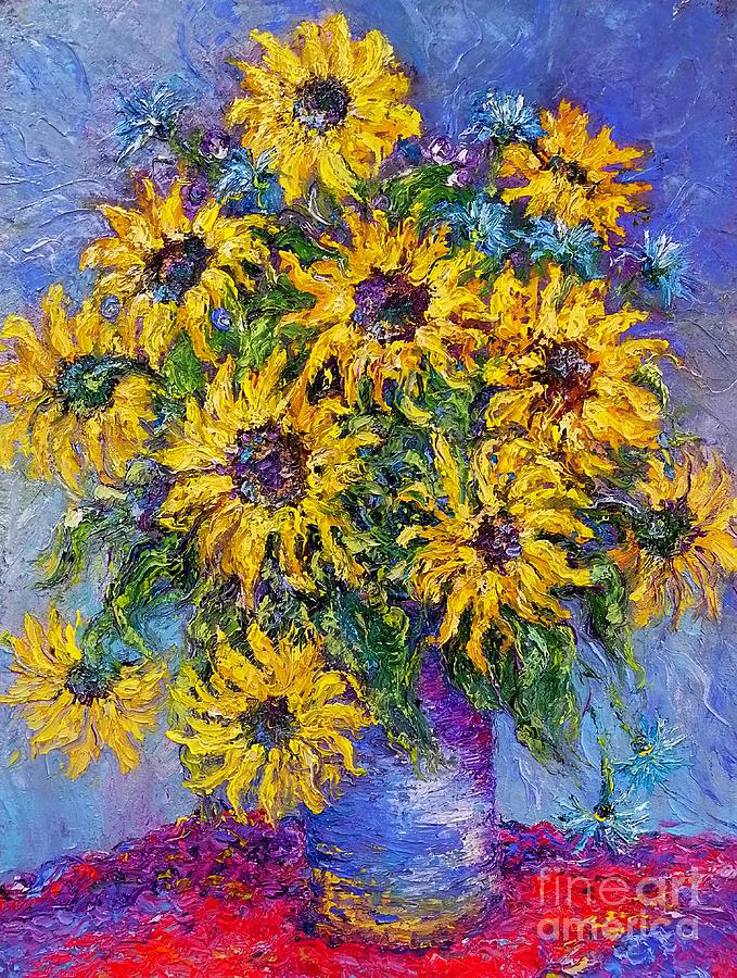Sunflowers in a Blue Vase Painting by Amalia Suruceanu