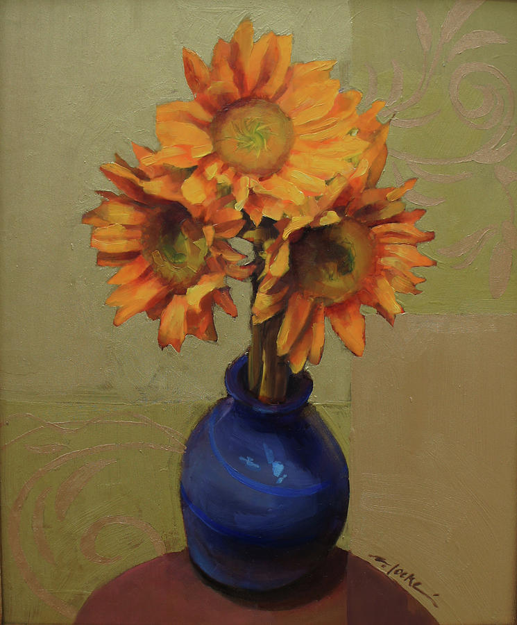 Sunflowers in a blue vase Painting by Cathy Locke