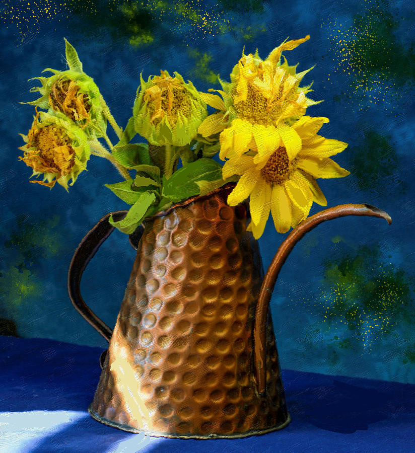 Sunflowers in a copper watering can Photograph by Cordia Murphy