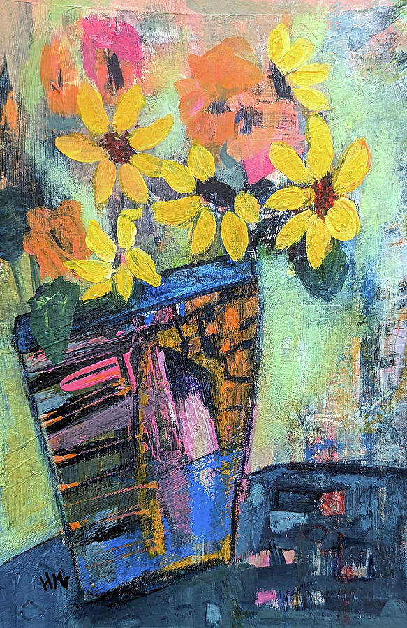 Sunflowers In a Pot Mixed Media by Haleh Mahbod