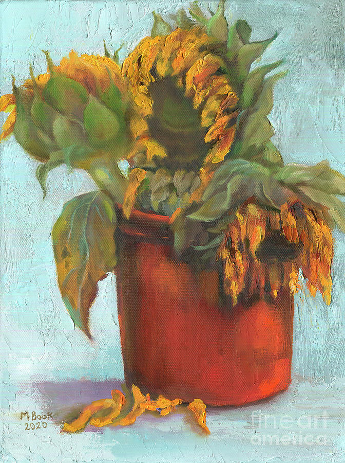 Sunflowers in a Red Crock Painting by Marlene Book