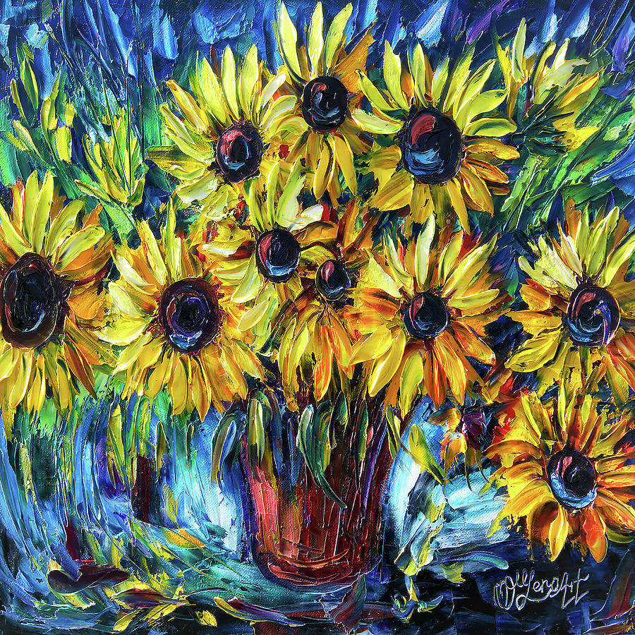 Sunflowers in a Vase Palette Knife Painting Painting by Lena Owens - OLena Art Vibrant Palette Knife and Graphic Design