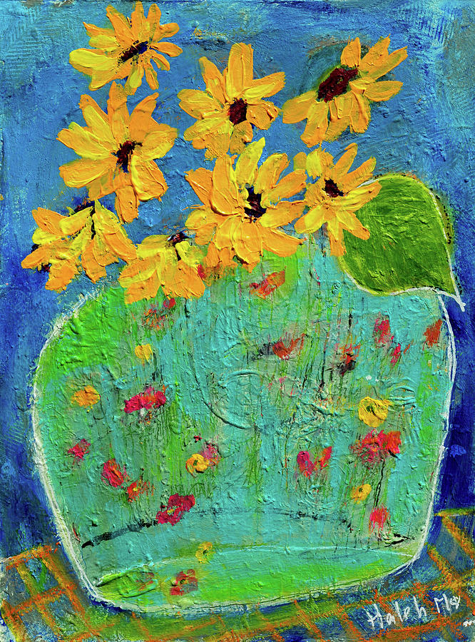 Sunflowers in Aqua Vase Painting by Haleh Mahbod