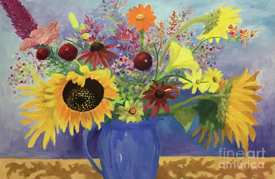 Sunflowers in Blue Painting by Anne Marie Brown