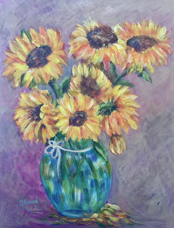 Sunflowers in Blue Vase Painting by Charme Curtin