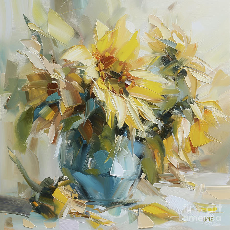 Sunflowers in Blue Vase Painting by Dragica Micki Fortuna