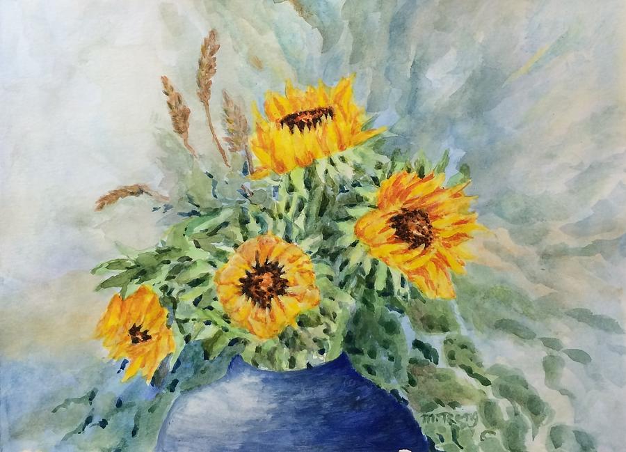 Sunflowers in blue vase Painting by Milly Tseng