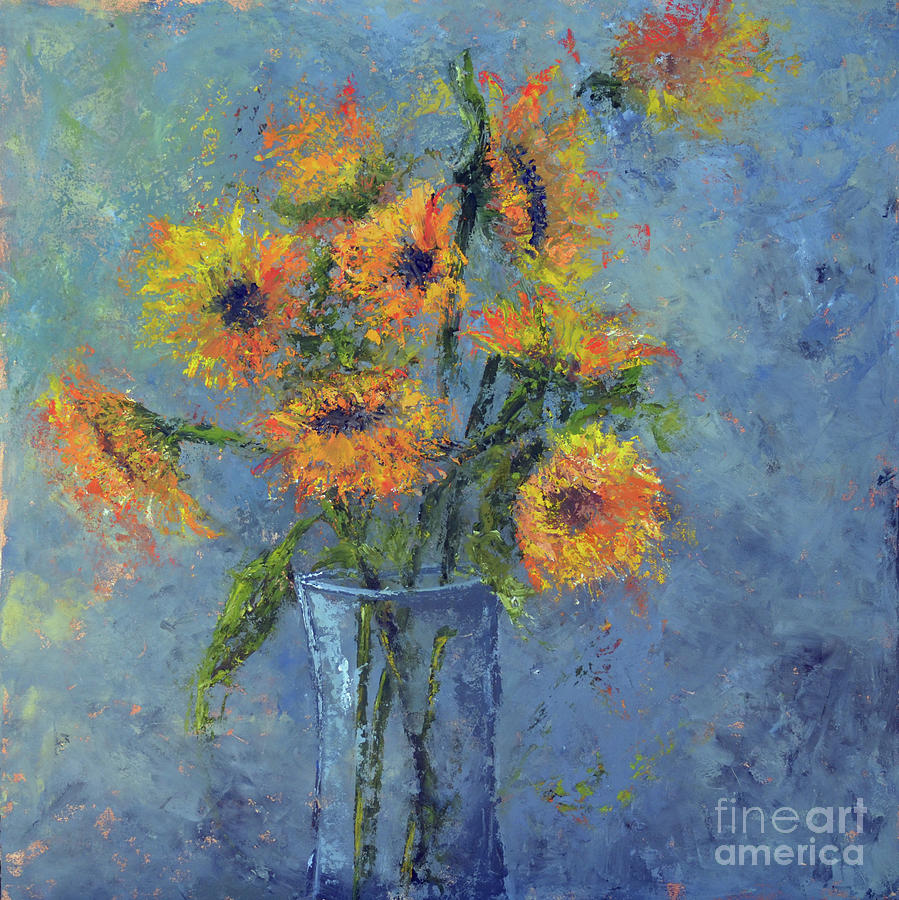 Sunflowers in Blue Vase Photograph by Patricia Caldwell