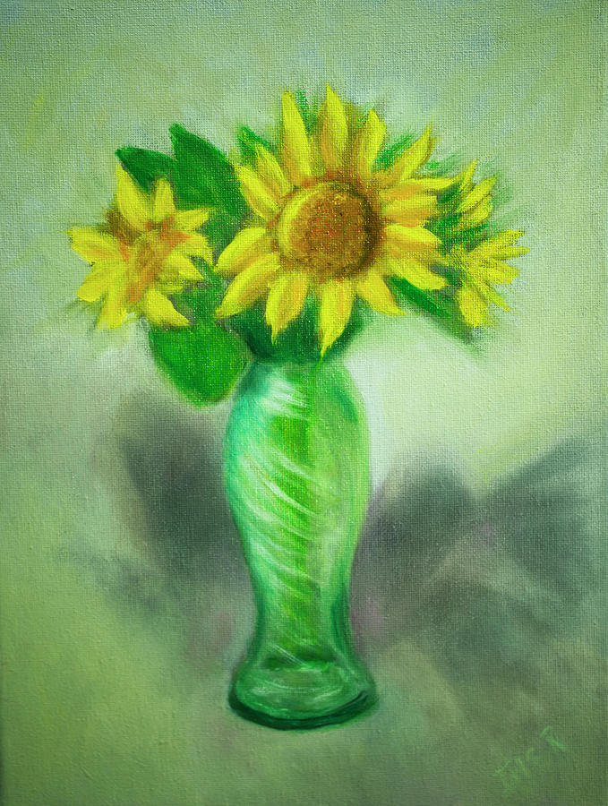 Sunflowers in green Vase Painting by Iris Richardson