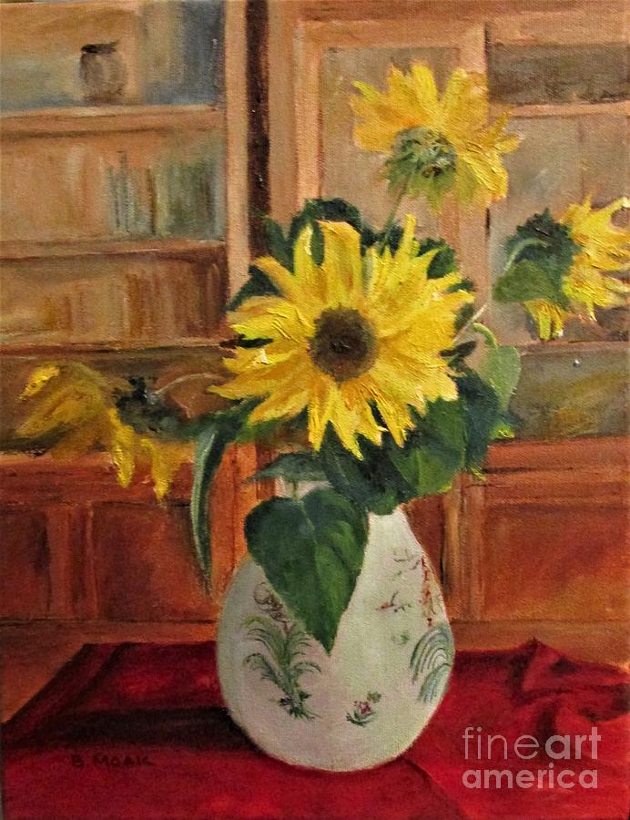 Sunflowers in Painted Vase Painting by Barbara Moak