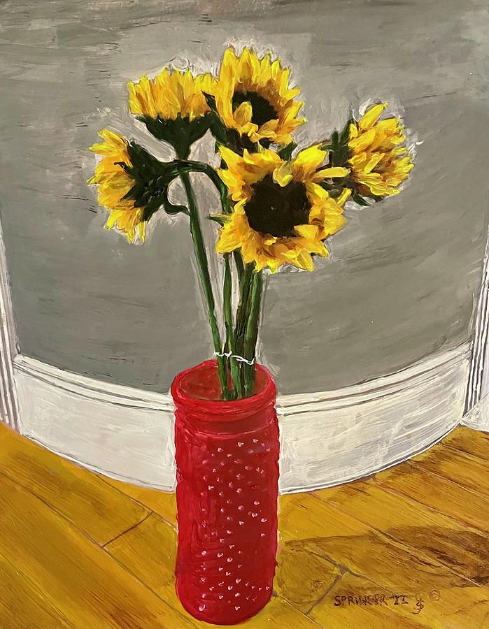 Sunflowers in Red Vase Painting by Gary Springer