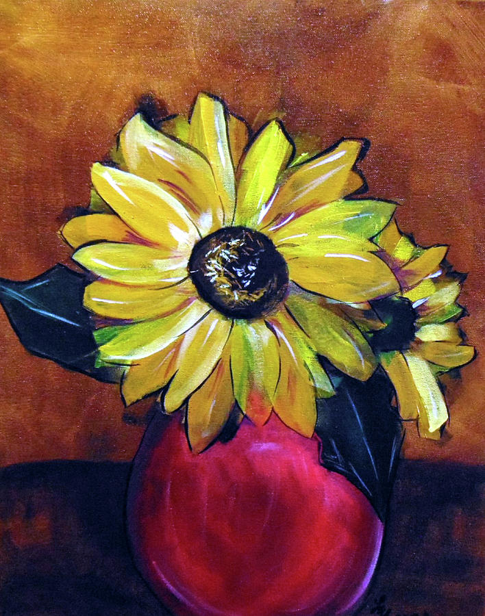 Sunflowers in red vase Painting by Loretta Nash