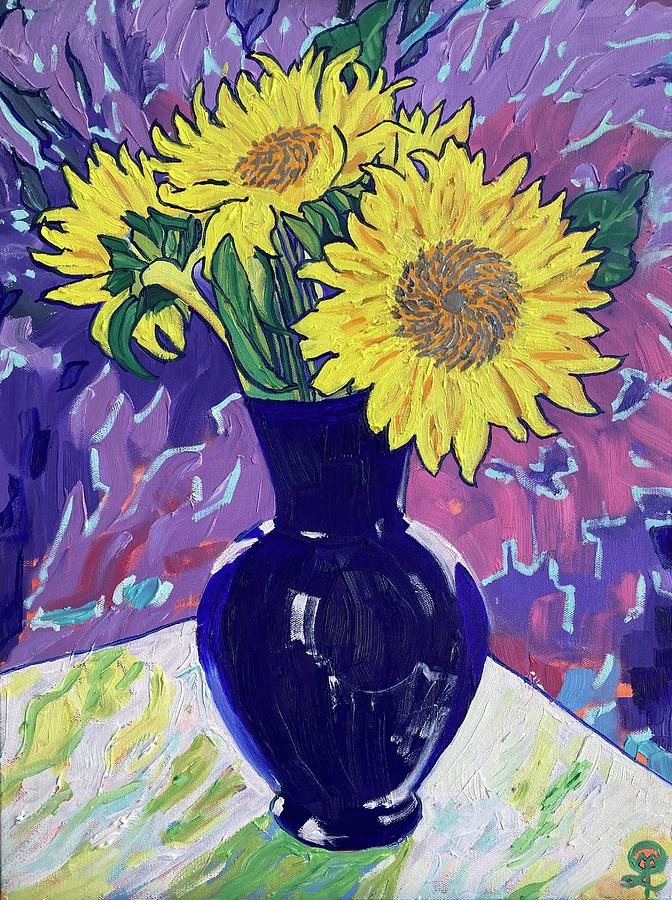Sunflowers in the Blue Vase Painting by Therese Legere