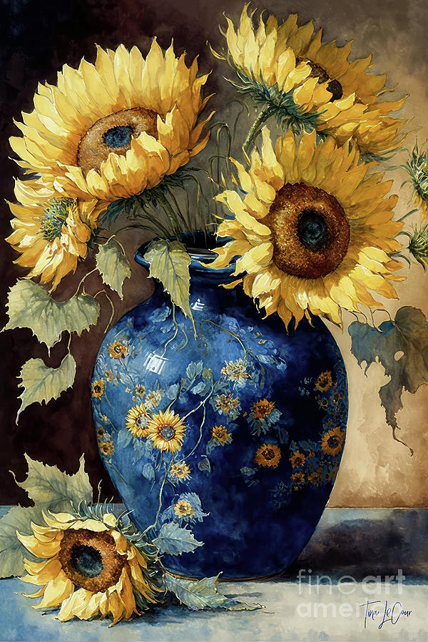 Sunflowers In The Blue Vase Painting by Tina LeCour